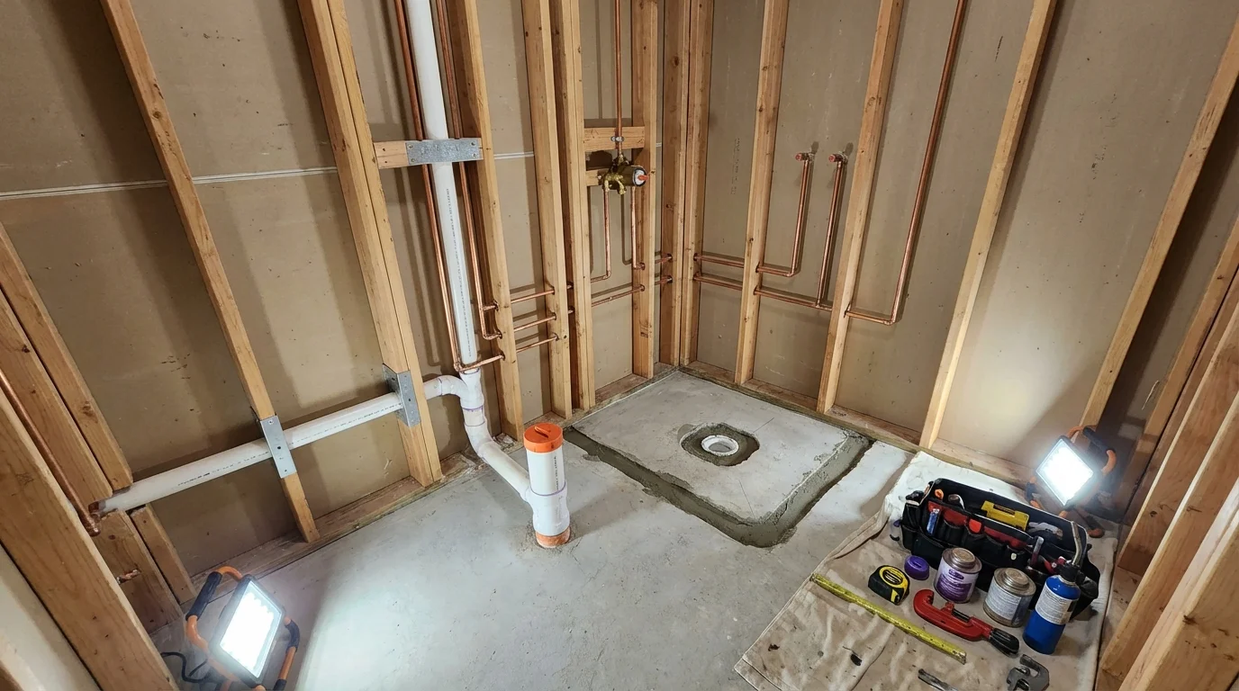 Bathroom rough-in plumbing during remodel by Johns Plumbing LLC in Taloga