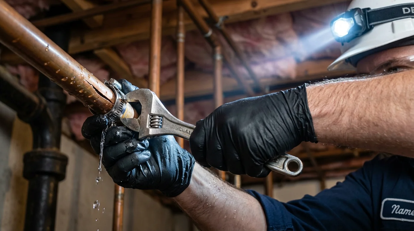 Emergency pipe clamp repair being performed by a Johns Plumbing LLC plumber in Taloga