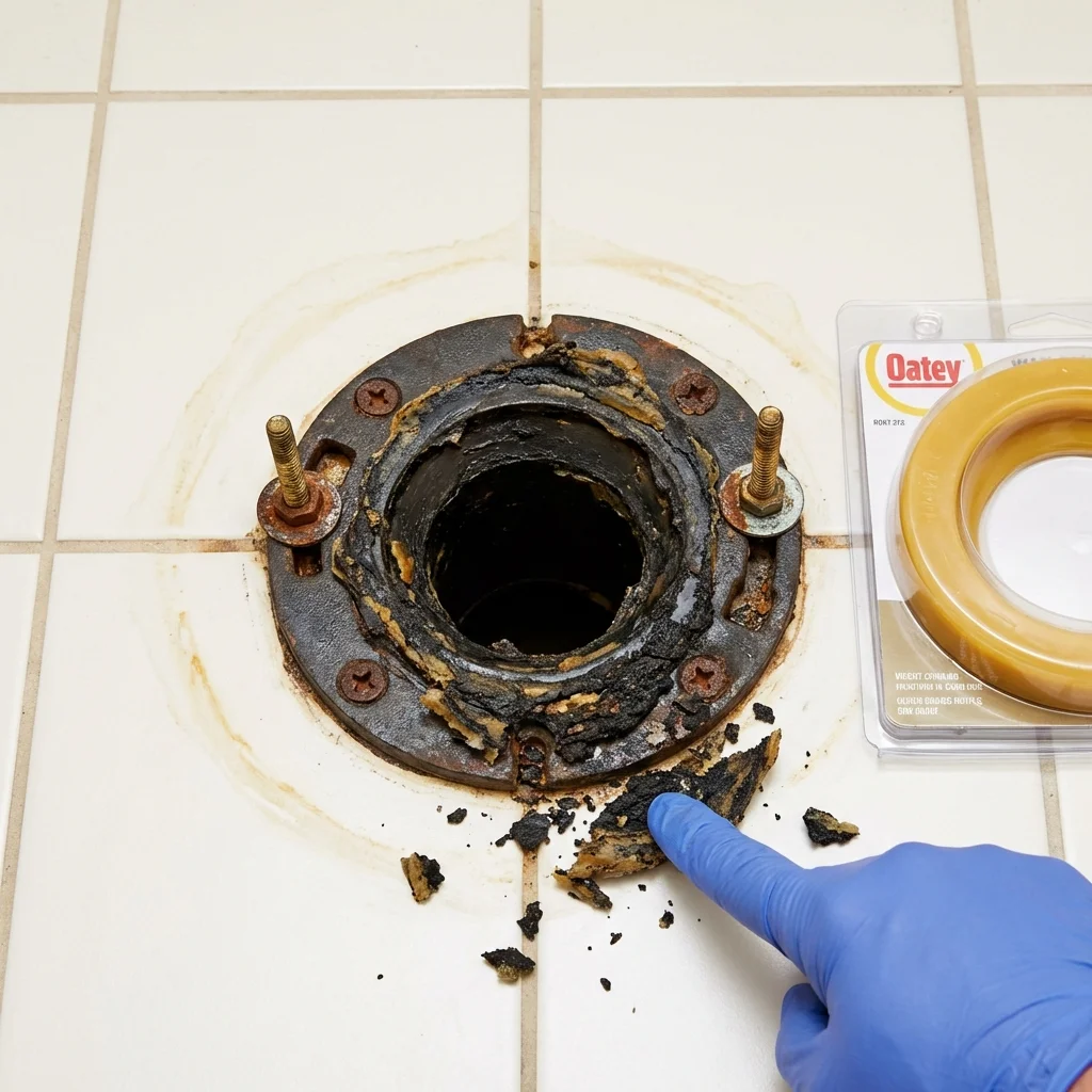 Failed wax ring showing water seepage at the base of a toilet in a Taloga, OK home
