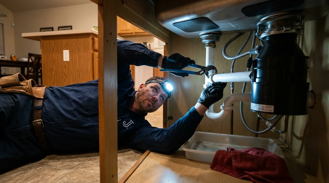 P-trap and supply line connections under a kitchen sink showing a common leak point in Taloga, OK